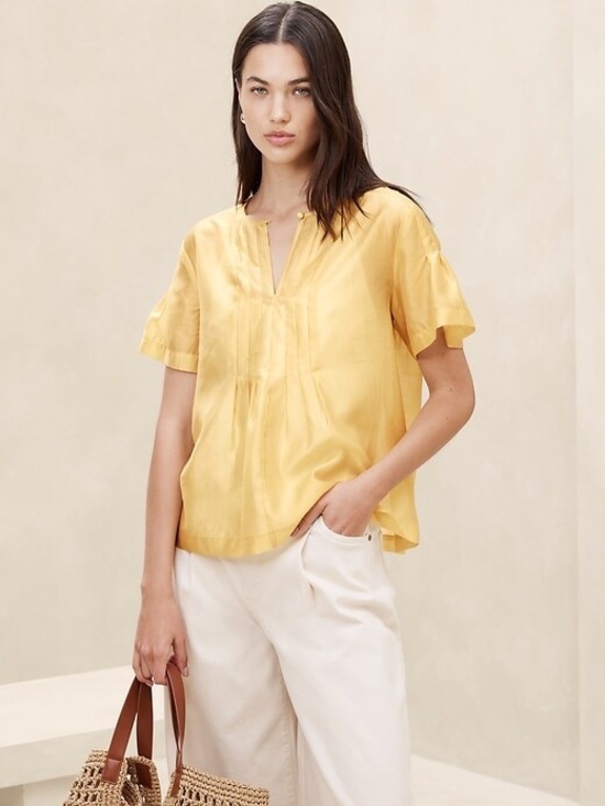 Banana Republic Tops - Banana Republic Yellow V-Slit Short Sleeve Blouse